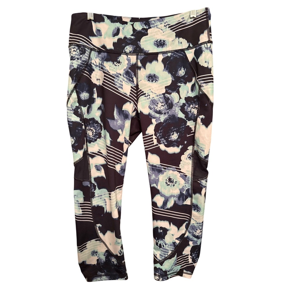 FILA SPORT Floral Print Capri Leggings Women Size L‎ Blue Mint White Athletic